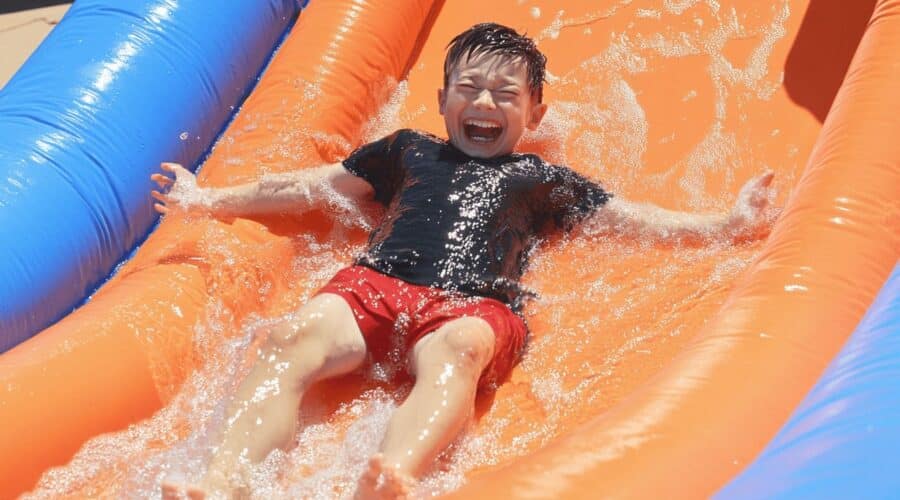 Fou rire et éclaboussures sur une glissade gonflable pour enfants